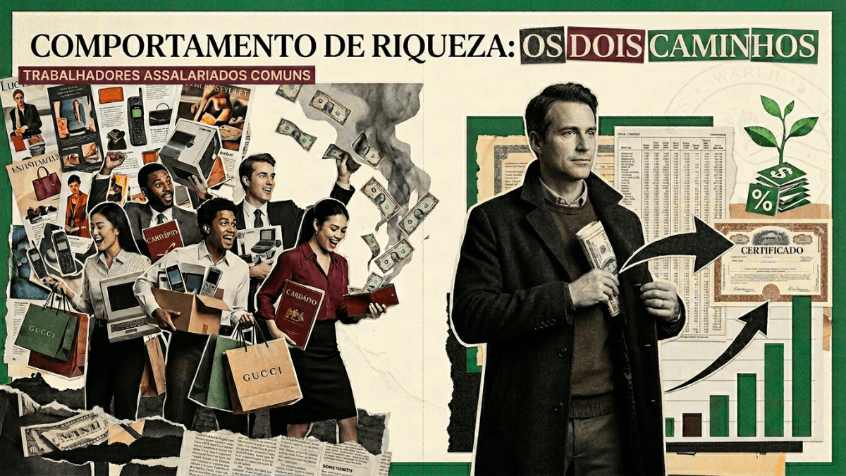 Ilustração editorial em estilo colagem mostra trabalhadores assalariados gastando salários com compras, eletrônicos e consumo enquanto afundam em publicidade e dívidas, contrastando com um investidor disciplinado que direciona parte da renda para investimentos e construção de patrimônio ao fundo da cidade.